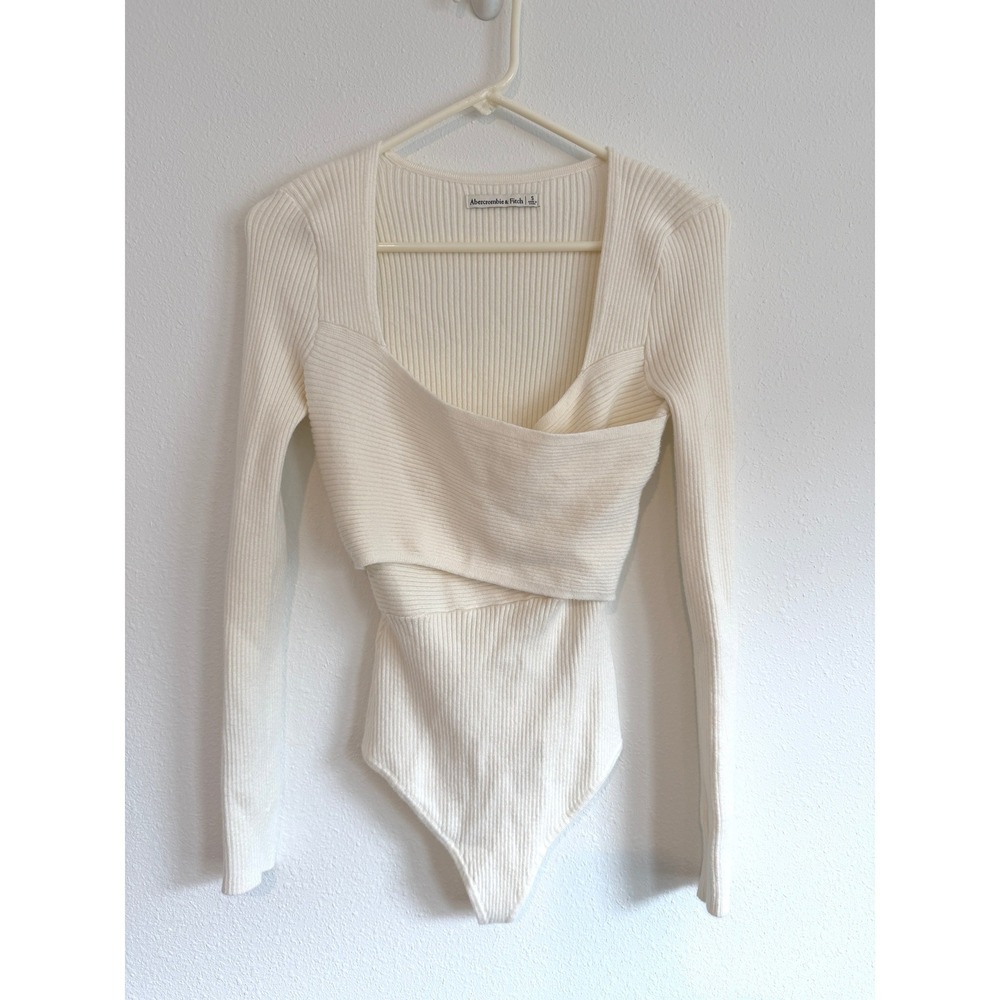Abercrombie & Fitch Ribbed Wrap Front Long Sleeve Bodysuit Cream Small